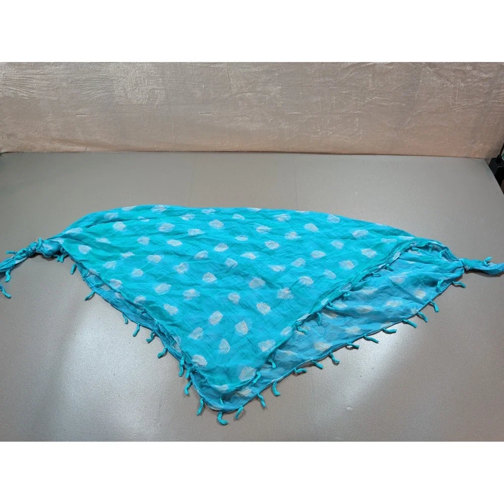 Turquoise Blue Polka Dot Triangular Scarf with Tassel Trim Boho Lightweight